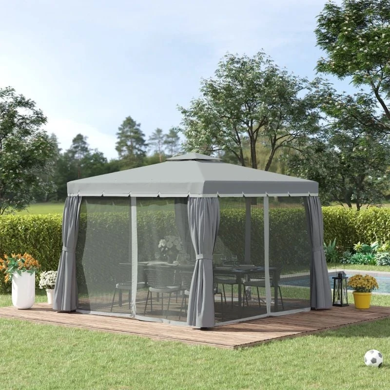 Outsunny 2 Tier Garden Gazebo With Curtains And Nets 3000x3000mm - Dark Grey - 84C-269LG 1 Outsunny 2 Tier Garden Gazebo With Curtains And Nets 3000x3000mm - Dark Grey - 84C-269LG