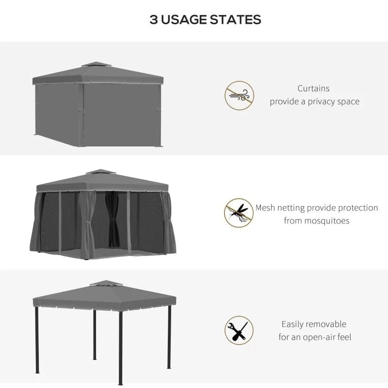 Outsunny 2 Tier Garden Gazebo With Curtains And Nets 3000x3000mm - Dark Grey - 84C-269LG 6 Outsunny 2 Tier Garden Gazebo With Curtains And Nets 3000x3000mm - Dark Grey - 84C-269LG - Image 6