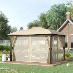 Outsunny 2 Tier Garden Gazebo With Curtains And Nets 3000x4000mm - Khaki/Brown - 84C-270