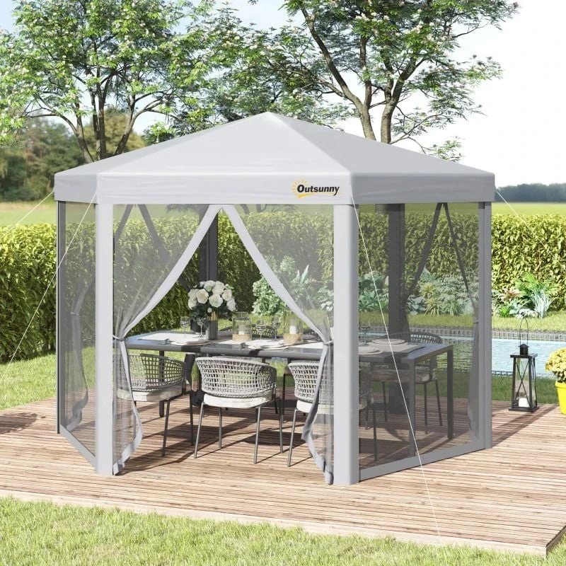 Outsunny Pop-up Hexagon Gazebo With Mesh Sidewalls 3000x3000mm - Grey - 84C-283GY 1 Outsunny Pop-up Hexagon Gazebo With Mesh Sidewalls 3000x3000mm - Grey - 84C-283GY