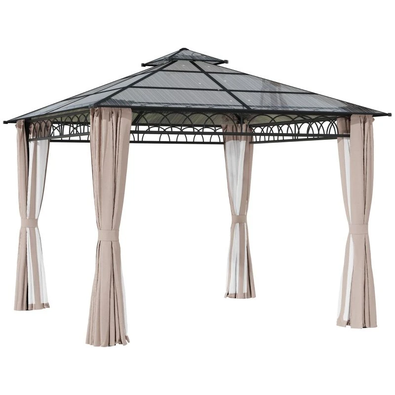 Outsunny 2 Tier Hardtop Gazebo With Curtains And Nets 3000x3000mm - Khaki - 84C-364V00KK 2 Outsunny 2 Tier Hardtop Gazebo With Curtains And Nets 3000x3000mm - Khaki - 84C-364V00KK - Image 2