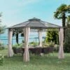 Outsunny 2 Tier Hardtop Gazebo With Curtains And Nets 3000x3000mm - Khaki - 84C-364V00KK
