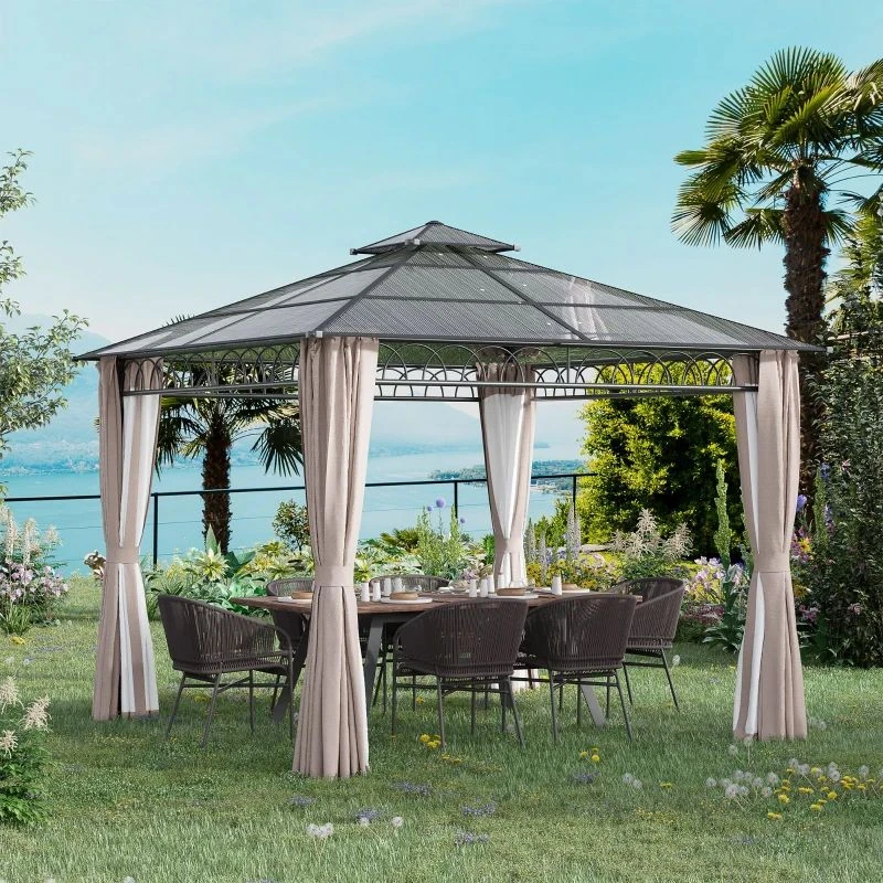 Outsunny 2 Tier Hardtop Gazebo With Curtains And Nets 3000x3000mm - Khaki - 84C-364V00KK 1 Outsunny 2 Tier Hardtop Gazebo With Curtains And Nets 3000x3000mm - Khaki - 84C-364V00KK