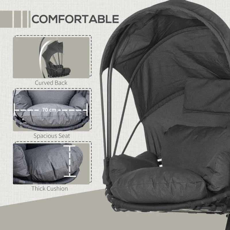 Outsunny Retractable Canopy Hanging Egg Chair With Cushion - Grey - 84A-212 7 Outsunny Retractable Canopy Hanging Egg Chair With Cushion - Grey - 84A-212 - Image 7
