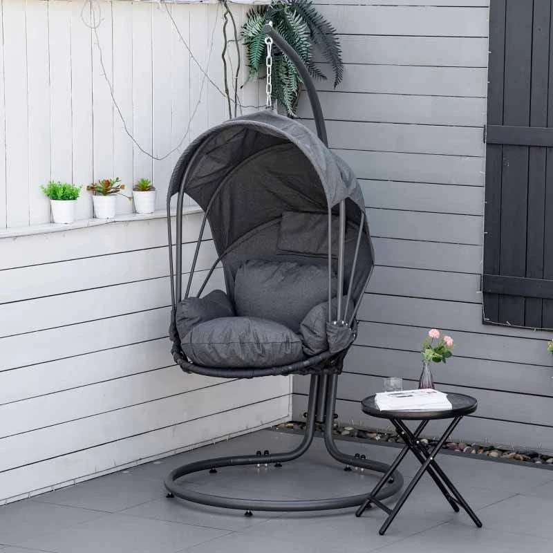Outsunny Retractable Canopy Hanging Egg Chair With Cushion - Grey - 84A-212 1 Outsunny Retractable Canopy Hanging Egg Chair With Cushion - Grey - 84A-212